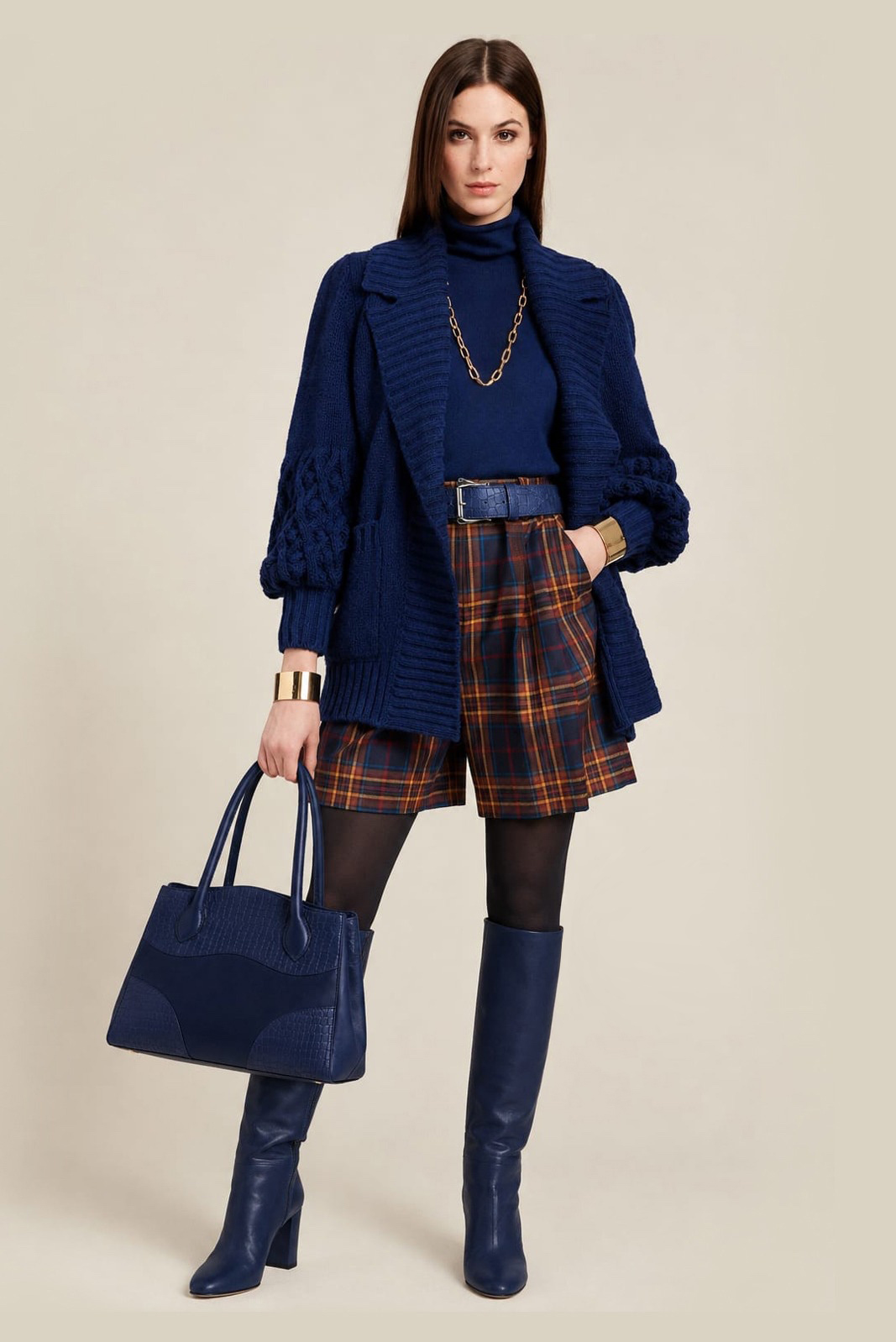 Women's navy blue custom-made classic knee-high boots with round toe and high block heel- Top view